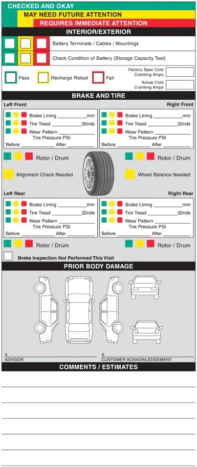 Visual Vehicle Inspection Report ā 2-Part Carbonless Vehicle Checklist, Snap-Out Auto Service Forms, Fleet Maintenance Logs, Car Checkup Sheets - White & Canary 8.5"Ć11" - Pack of 500
