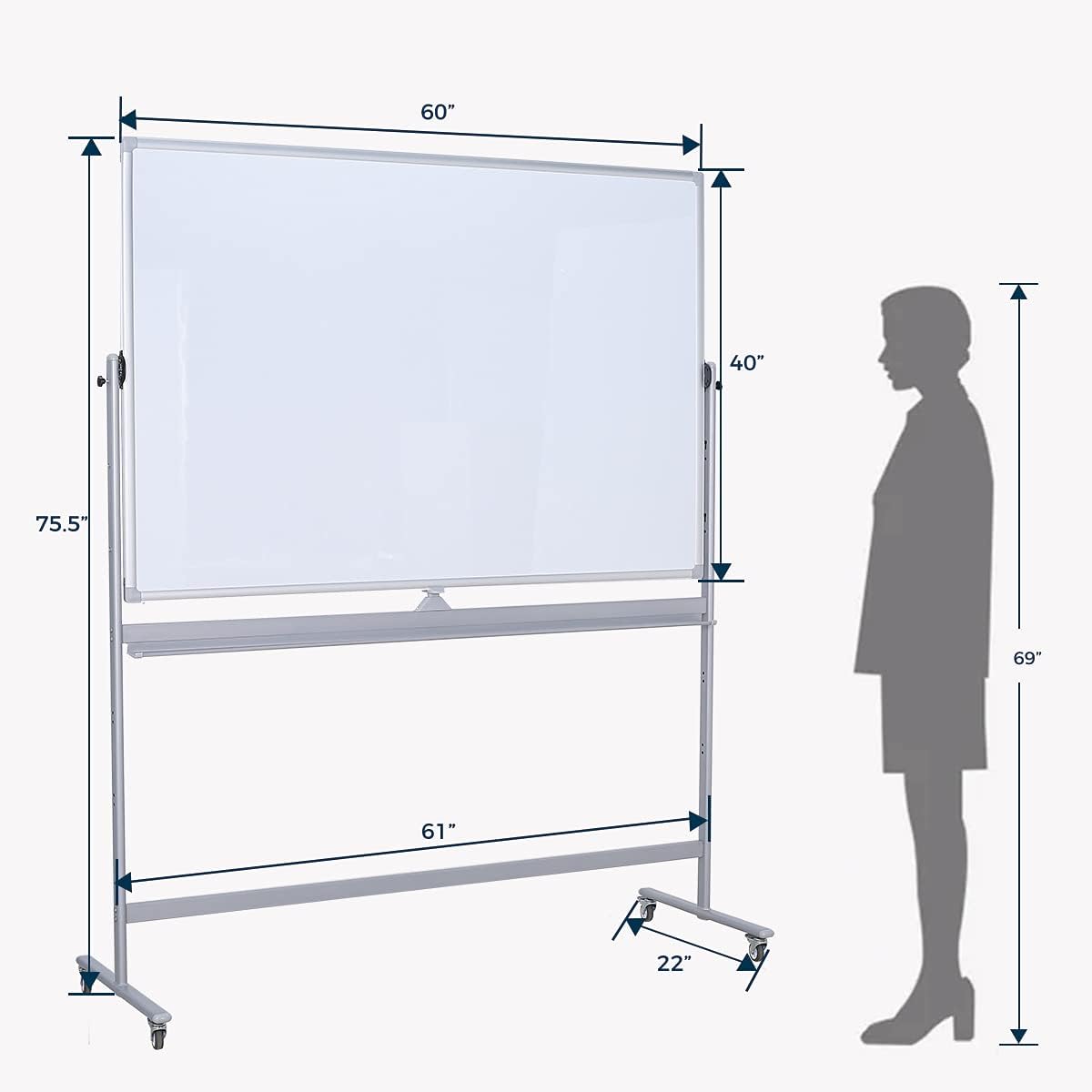 72" x 40" Height-Adjustable Mobile Whiteboard | Double-Sided Magnetic Dry Erase Board on 360° Rolling Stand | Large Reversible Whiteboard for Office, Classroom & Home, Silver
