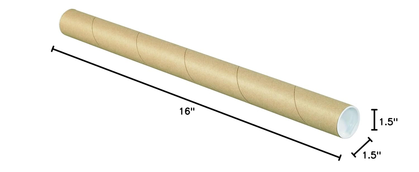 BOX USA BP1516K Mailing Tubes with Caps, 1-1/2" x 16", Kraft (Pack of 50)