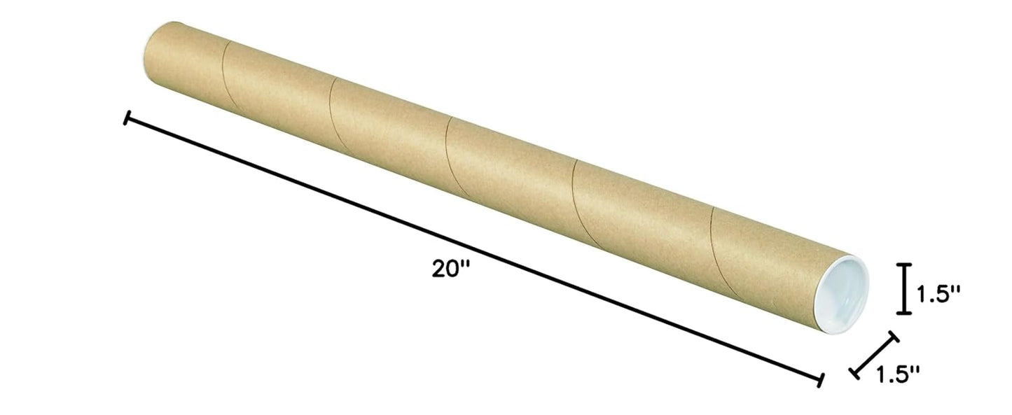 BOX USA BP1520K Mailing Tubes with Caps, 1 1/2" x 20", Kraft (Pack of 50)