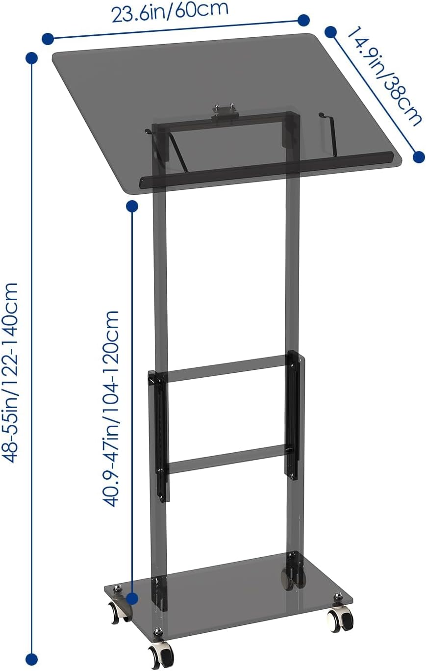 Acrylic Podium Stand,49"H Rolling Podium with Lockable Wheels,Height & Angle Adjustable Lecterns & Podiums, Portable Podium for Classroom,Pulpits for Churches,Speech, Black