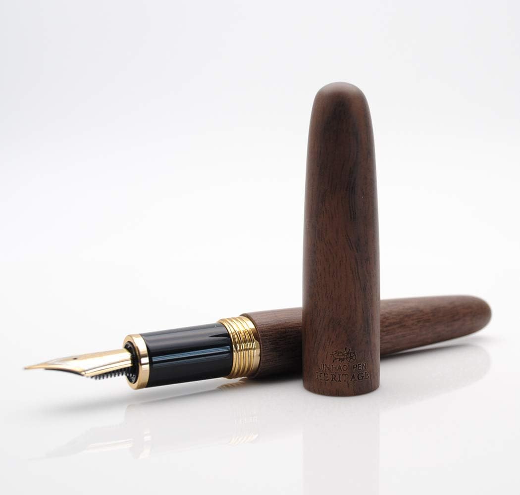 JINHAO 9056 Natural Wood Fountain Pen Handmade Ink Pen (Peach Wood, Fine Nib 0.5mm)