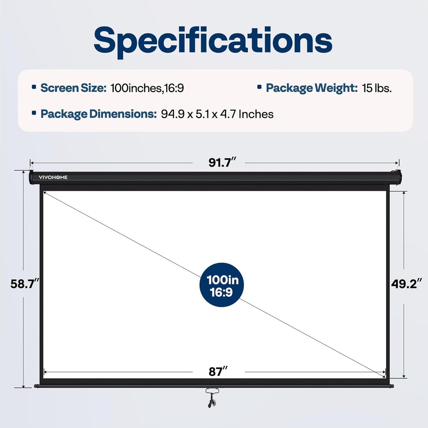 VIVOHOME Projector Screen Pull Down, 16:9 100 Inch Retractable Projection Screen, HD 4K Manual Pull Movie Screen for Home Theater, Cinema, Office (87x49 Inch Black)