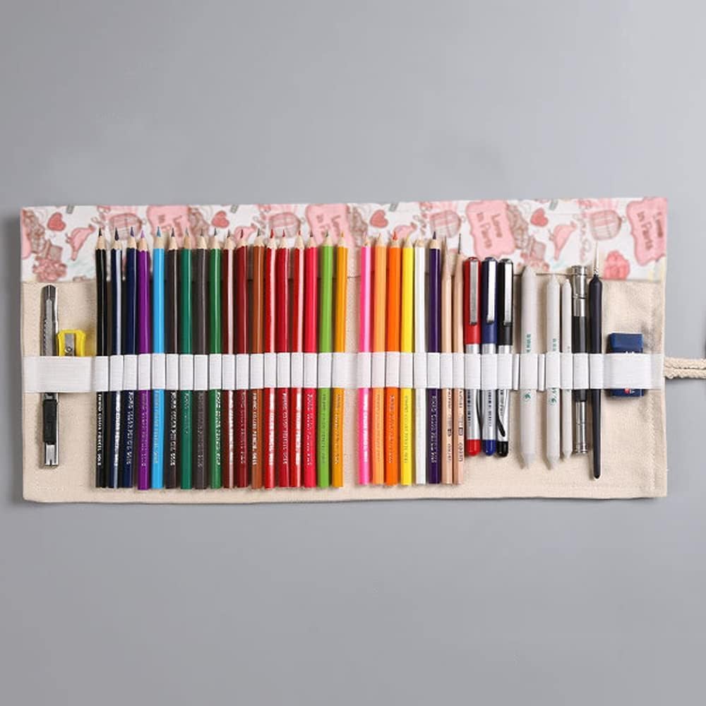 DIYOMR 12/24/36/72 Slots Pencil Wrap Pencil Rolls, Artist Colored Pencils Roll Up Bag Short Brushes Pouch Case Pencils Organizer for Drawing Coloring and Sketching, No Pencils (Paris Tower, 12slots)