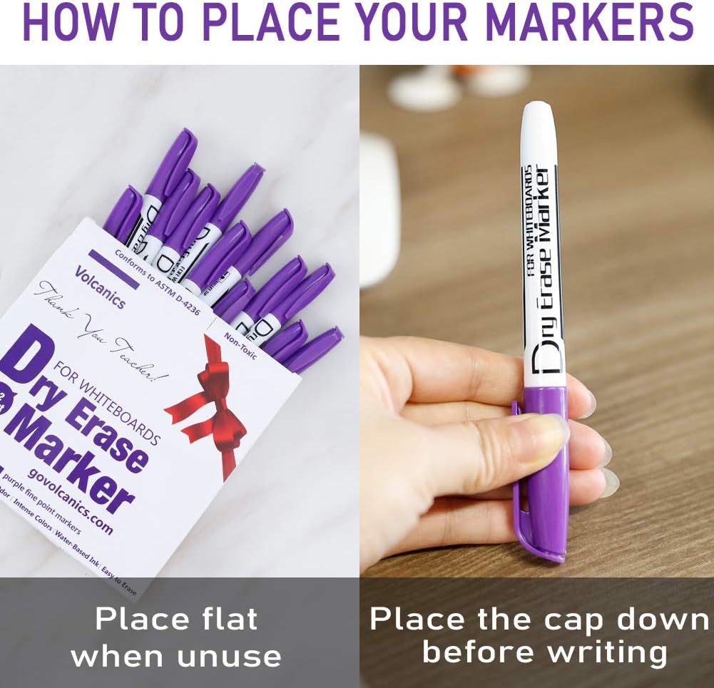 Volcanics Purple Dry Erase Markers Low Odor Fine Whiteboard Markers Thin Box of 12