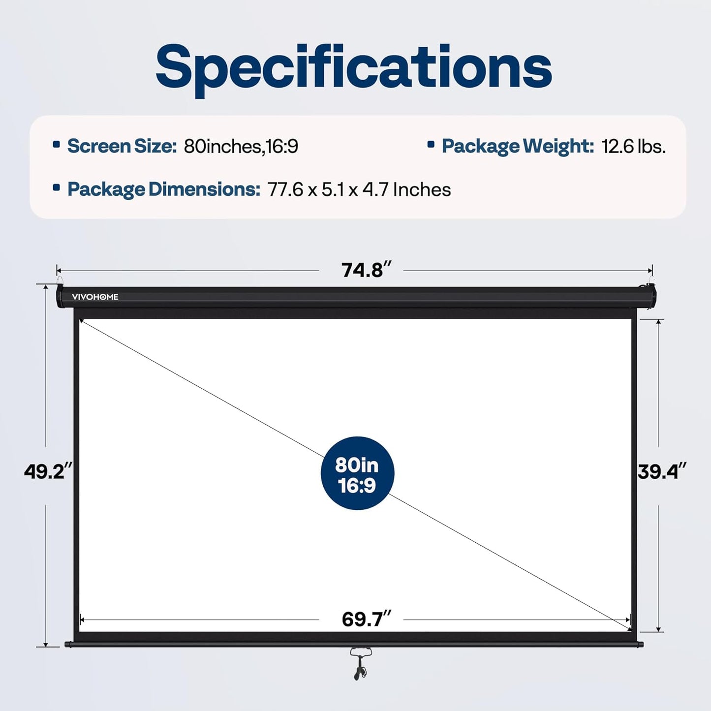 VIVOHOME Projector Screen Pull Down, 16:9 80 Inch Retractable Projection Screen, HD 4K Manual Pull Movie Screen for Home Theater, Cinema, Office (70x40 Inch Black)