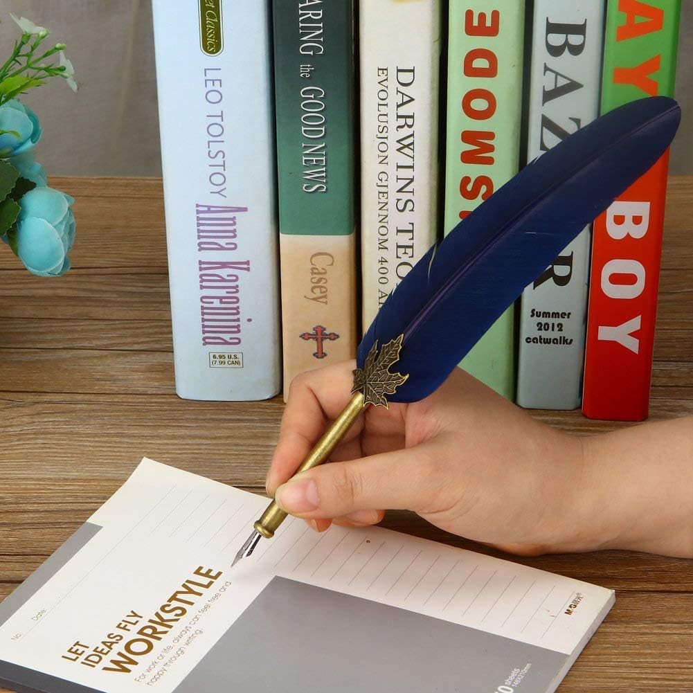 OPENDGO Feather Quill Pen Set with Ink Antique Feather Copper Pen Stem Calligraphy Set Quill Pen Writing Quill Ink Dip Pen with 5pcs Nibs in Different Size