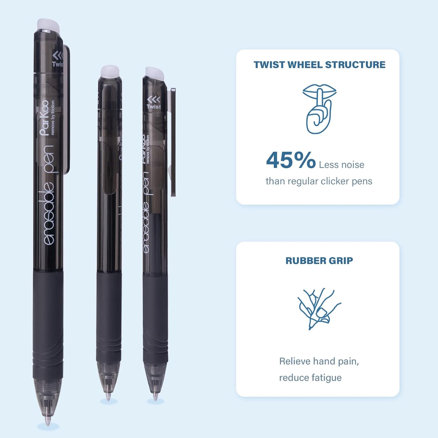 ParKoo Retractable Erasable Gel Pens 0.7mm, 12 Black Twist Pens Fine Point, Make Mistakes Disappear, Smooth Writing with Comfortable Grip for Journaling Drawing Note Taking