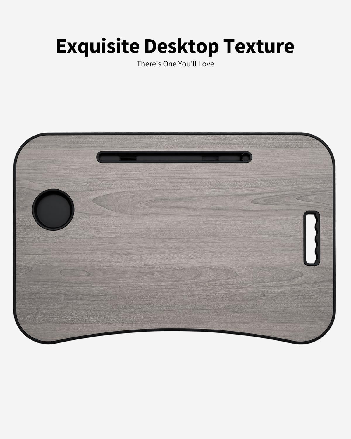 Foldable Lap Desk, Laptop Bed Desk, Portable Lap Table, Laptop Bed Table with Cup Holder & Tablet Slot & Lifting Handle for Working Writing Drawing & Eating - Gray Wood