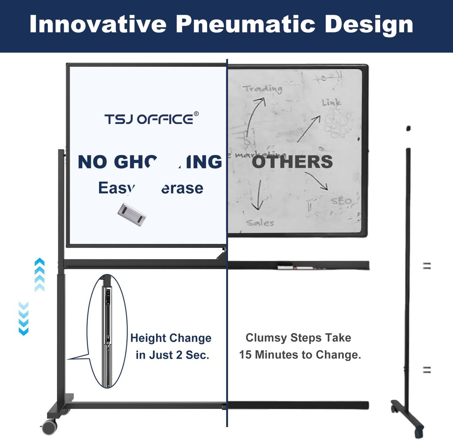 Large Dry-Erase Rolling Magnetic Whiteboard - TSJ OFFICE 48 x 32 Inches Dry Erase Board with Stand Height Adjust Double Sides Mobile White Board Easel on Wheels Office, Home & Classroom