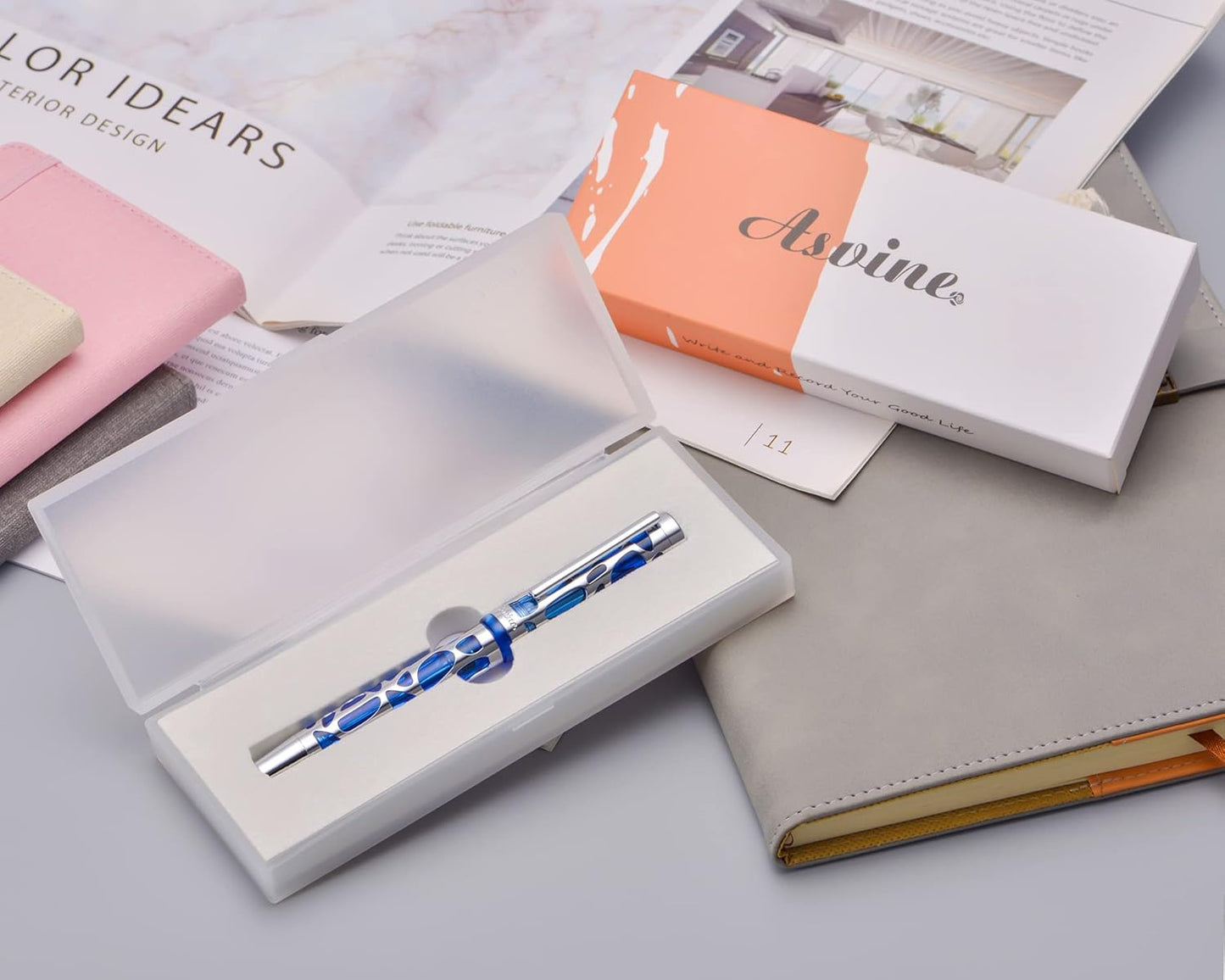 Asvine V169 Vacuum Filling Fountain Pen Fine Nib, Water Drop Skeleton Transparent Blue Acrylic Pen Case Set