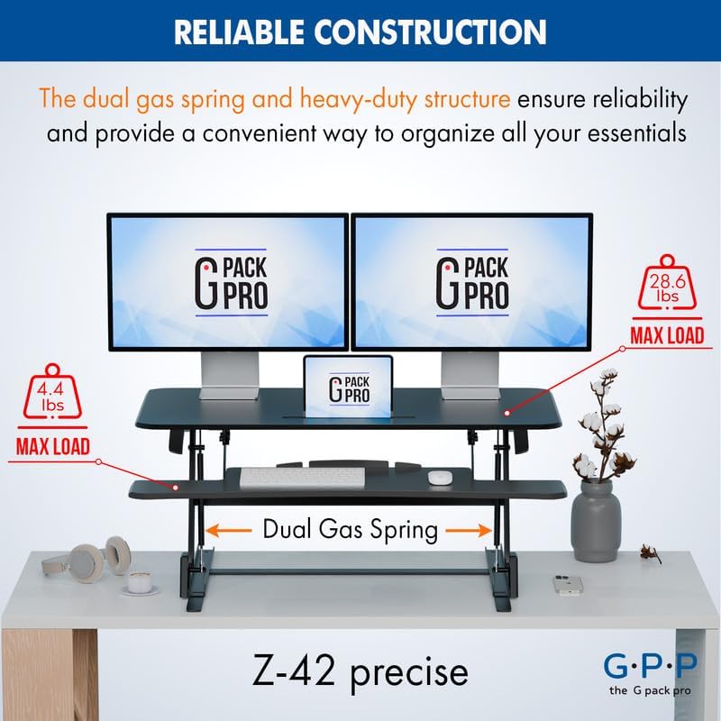 Standing Desk Converter – 42" Wide Stand Up Desk Riser – Quick Sit to Stand Tabletop Dual Monitor Workstation – Height Adjustable Up to 17.3" – Black