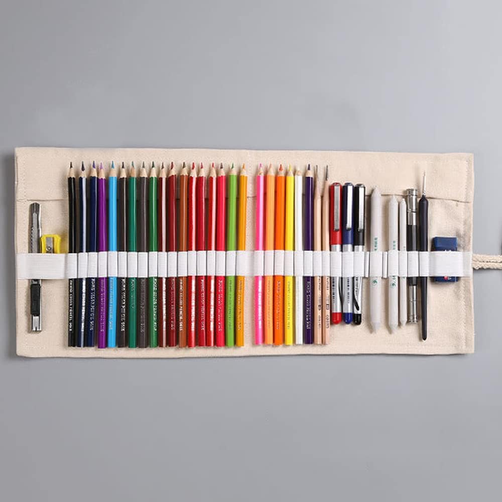 DIYOMR 24/36/72 Slots Pencil Wrap Pencil Rolls, Artist Colored Pencils Roll Up Bag Short Brushes Pouch Case Pencils Organizer for Drawing Coloring and Sketching (White, 24slots)