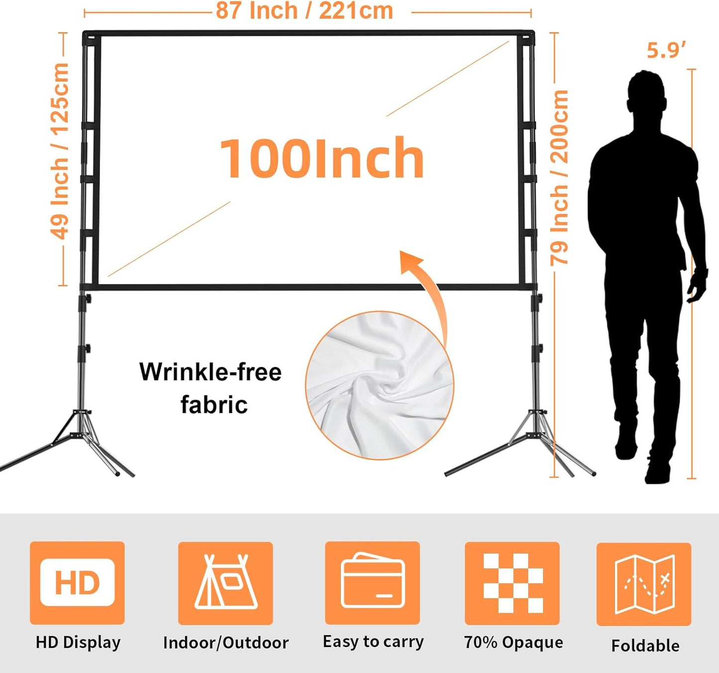 Projection Screen with Stand,100 inch Portable Movie Screen 16:9 HD 4K Double Sided Projection Screen with Carry Bag Indoor Outdoor Video Screen for Home Theater