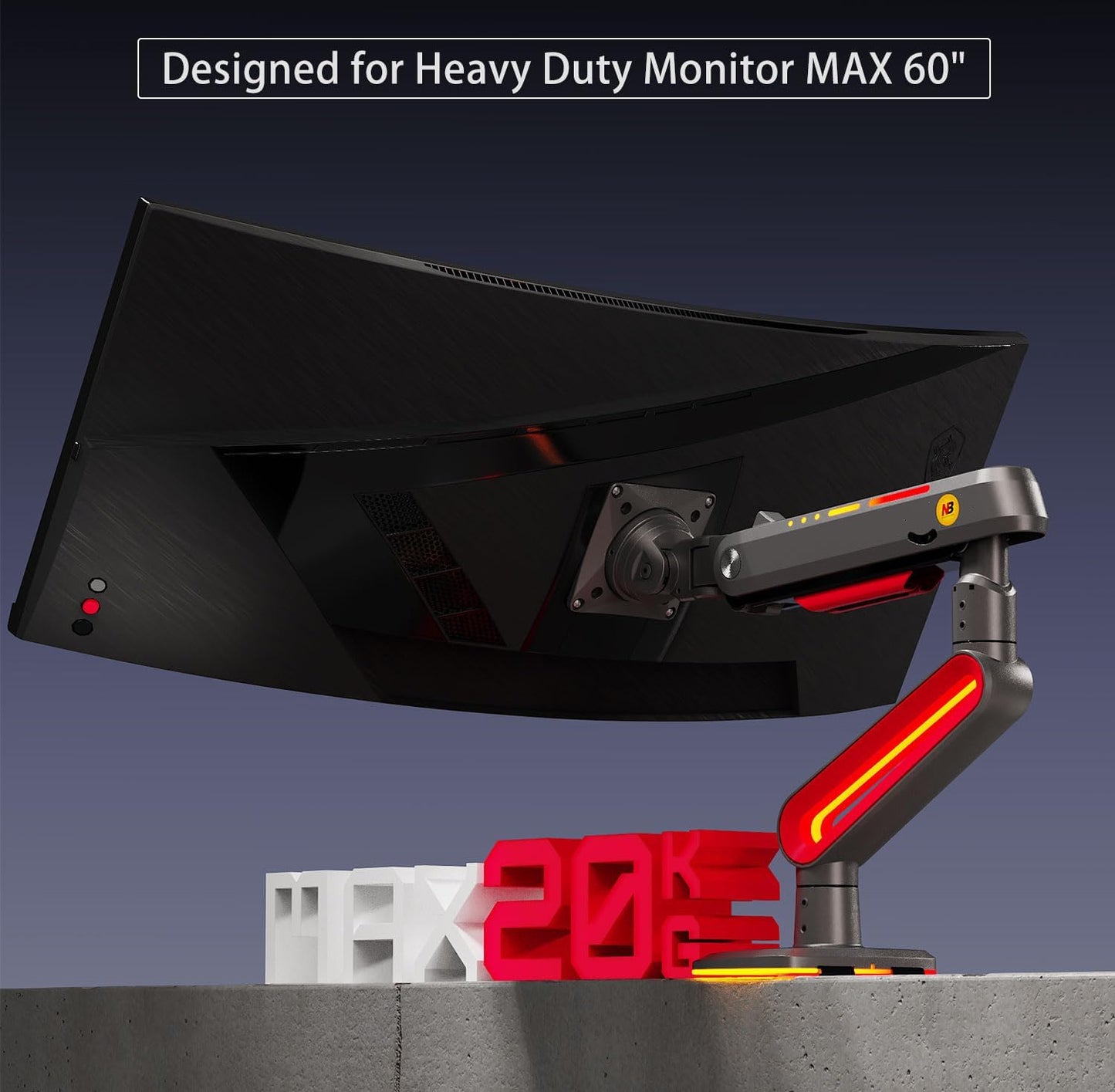 NB Designer Gaming Monitor Arm for 32 to 60 Inches Screen, Load up to 20 kg, VESA 75/100, RGB-Light, Heavy Duty, Multi Angle Adjustable, Premium Aluminum, Long Arm Extension Red