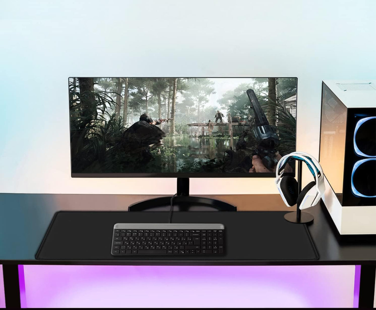 Extended Gaming Mouse Pad with Stitched Edges, 35.4x15.7x0.12 in Large Desk Mousepad Premium Microfiber Cloth Surface, Waterproof Non-Slip Stable Rubber Base Keyboard Mat for Home Office Gaming,Black