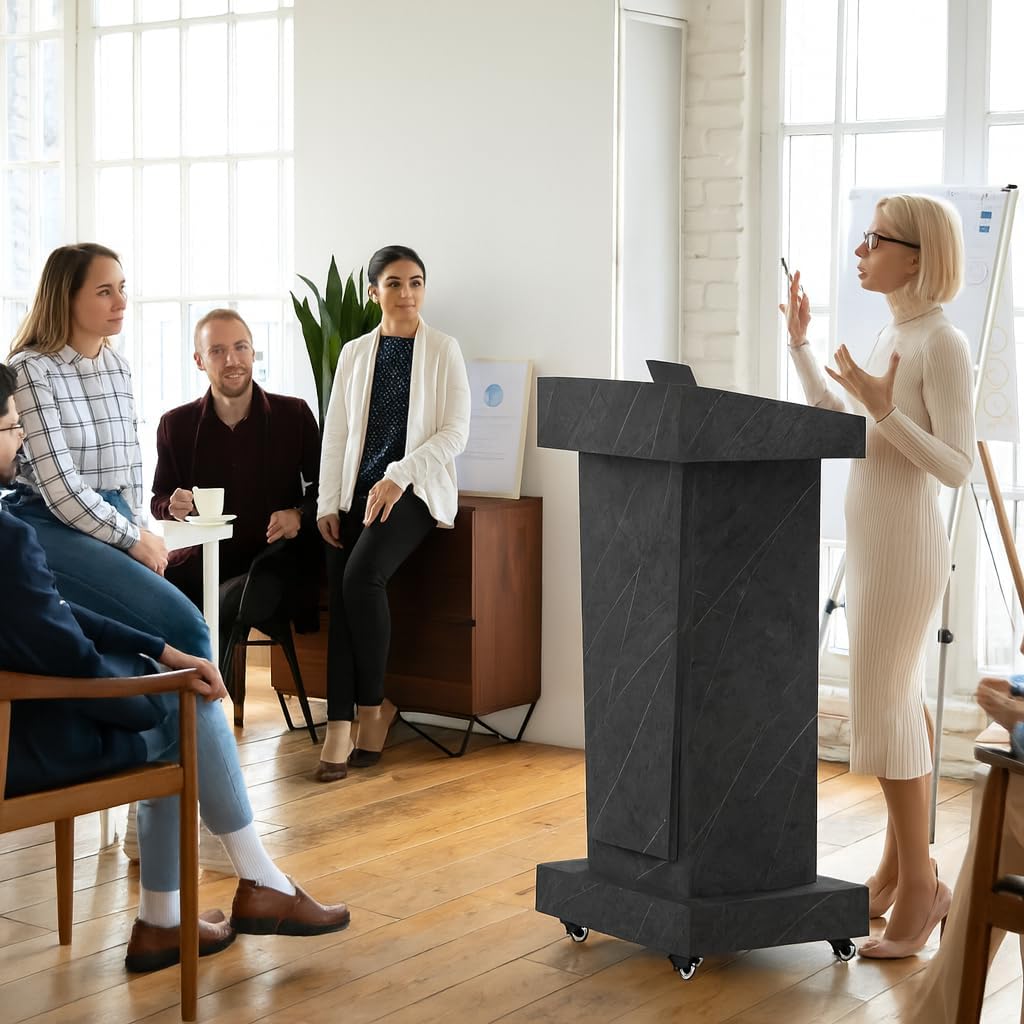 Wooden Podium Stand with Wheels, Stool and 2 Tier Storage, Lectern Presentation for Church, Classroom, Event, Stronge 16MM Wood Board Rolling Podium (Grey)