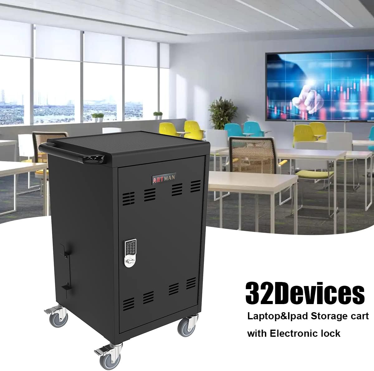 30-Device Mobile Charging Cart with Power Strip, Locks, Cable Management, Up to 16.3" Safe Charging Cabinet for Chromebooks, Tablets, Laptops. Black with Code Lock