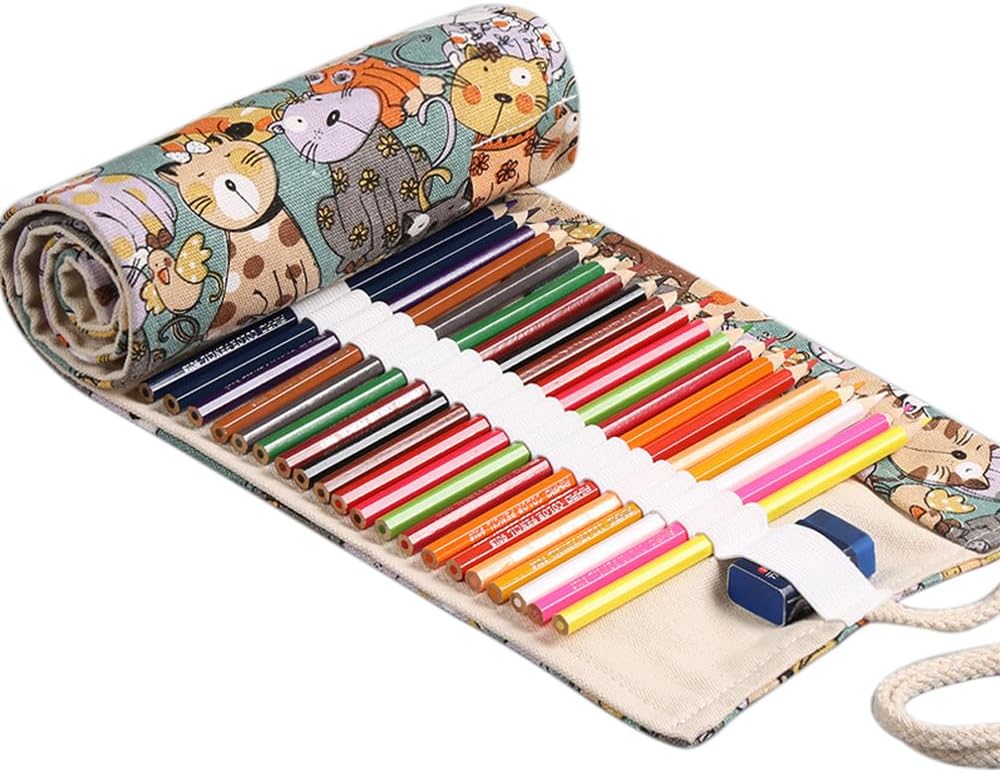 DIYOMR 24/36/72 Slots Pencil Wrap Pencil Rolls, Artist Colored Pencils Roll Up Bag Short Brushes Pouch Case Pencils Organizer for Drawing Coloring and Sketching, NO PENCILS (Cuddly Cat, 72slots)