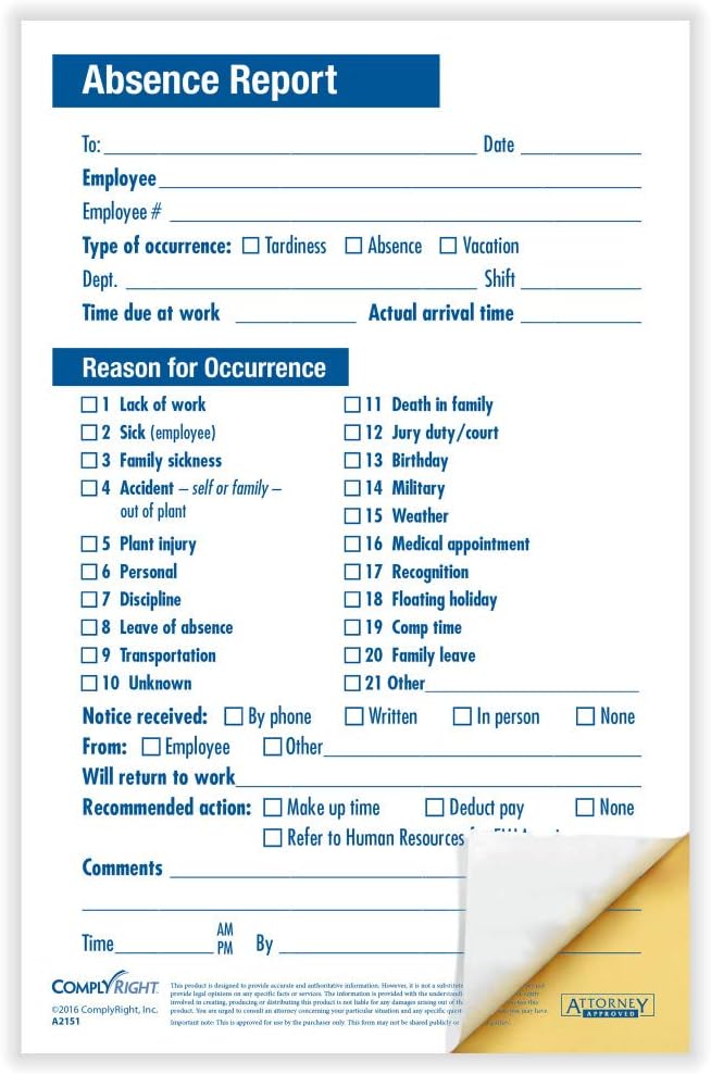 Absence Report Form, Compact, 2 Part | 5-1/2" x 8-1/2" | Time & Attendance Form | 50 Pack