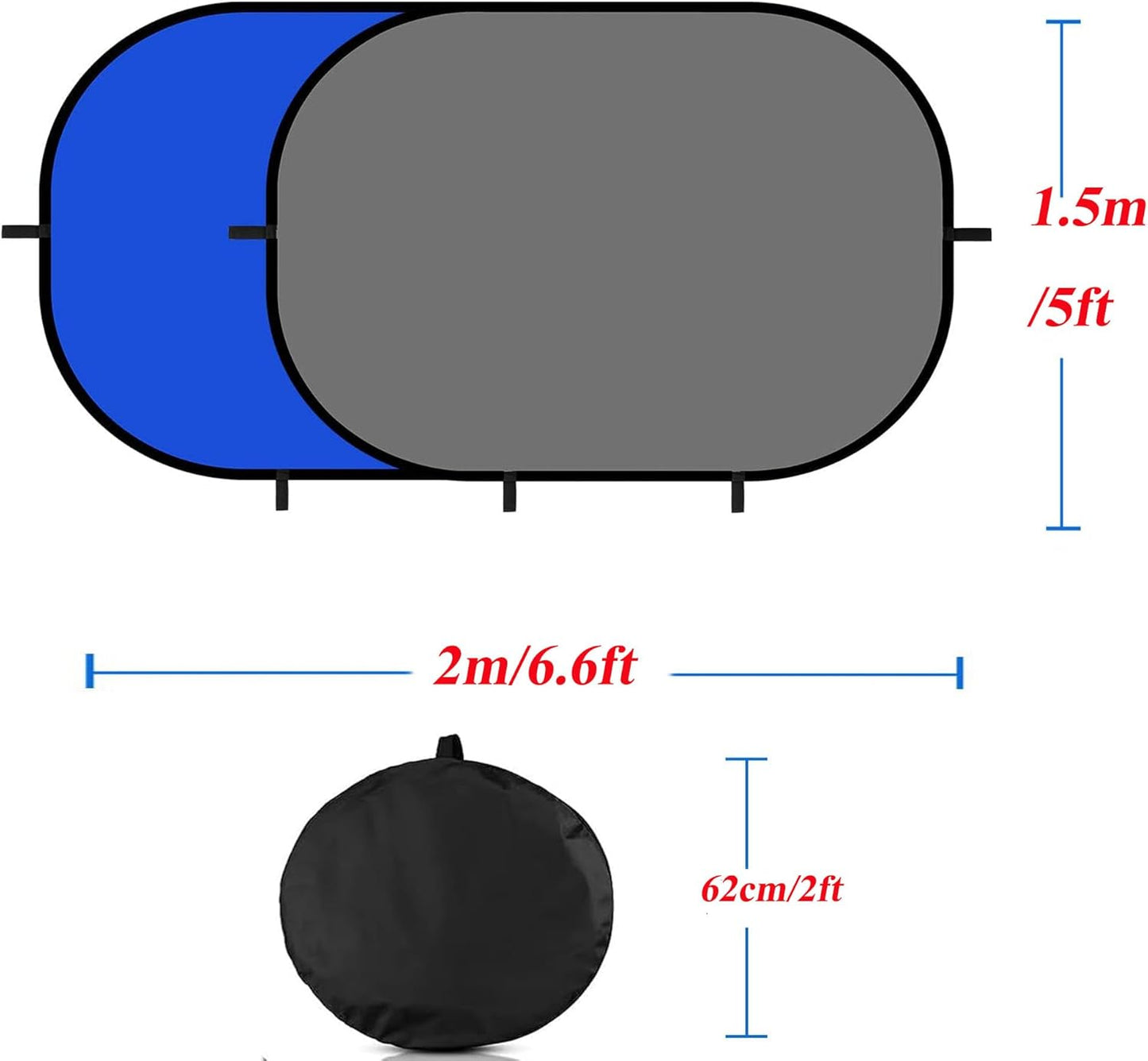 5x6.6ft/1.5×2m Chromakey Backdrop, 2-in-1 Blue Screen with Grey Screen, Collapsible Reversible Pop Up Background for Photography Studio, Live Streaming, Video Shooting (Blue/Gray)
