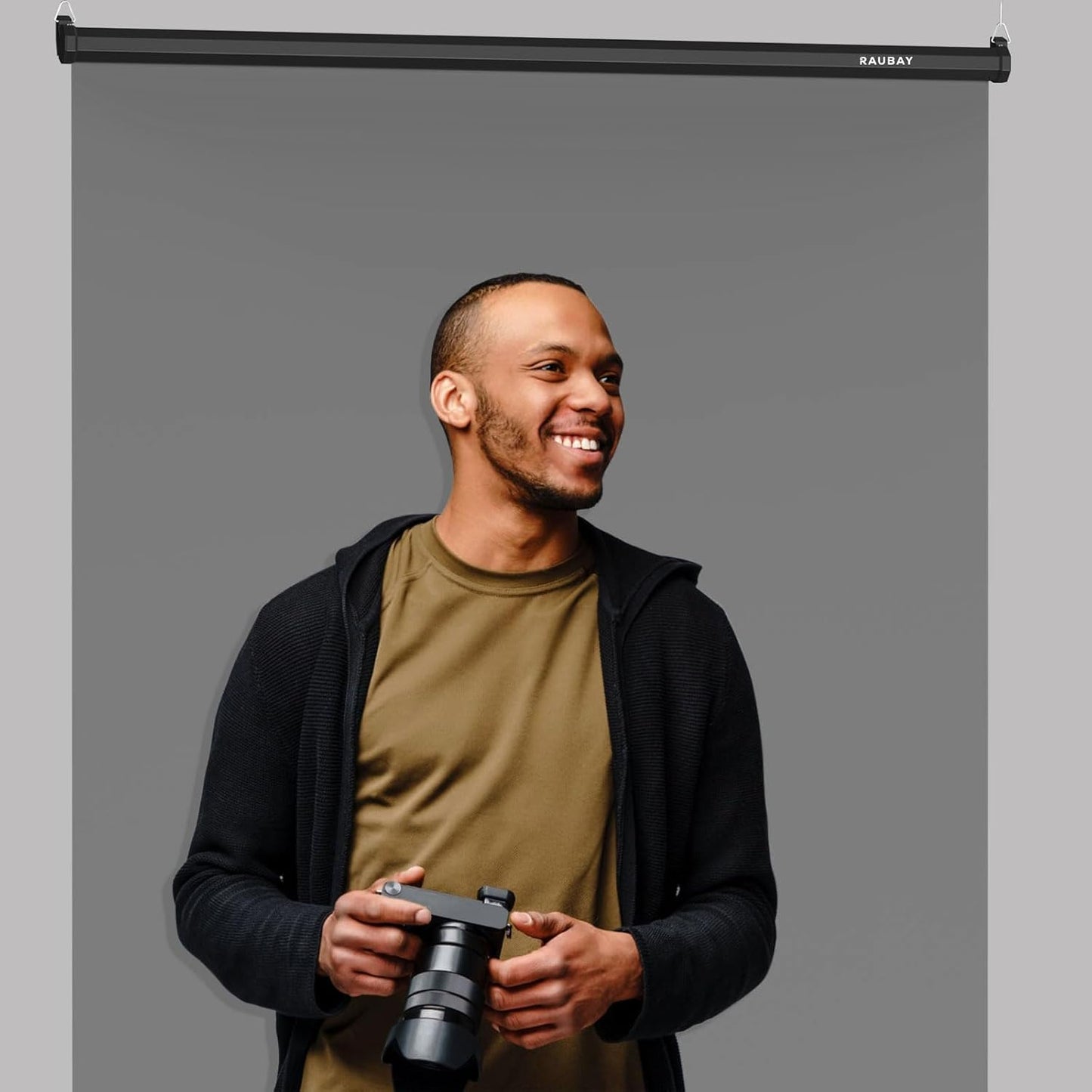 RAUBAY Retractable Pull Down Grey Screen Backdrop - 59.8" x 86.6" Collapsible Wall-Mount Background for Professional Video Production, Photography, TikTok and Video Conferencing