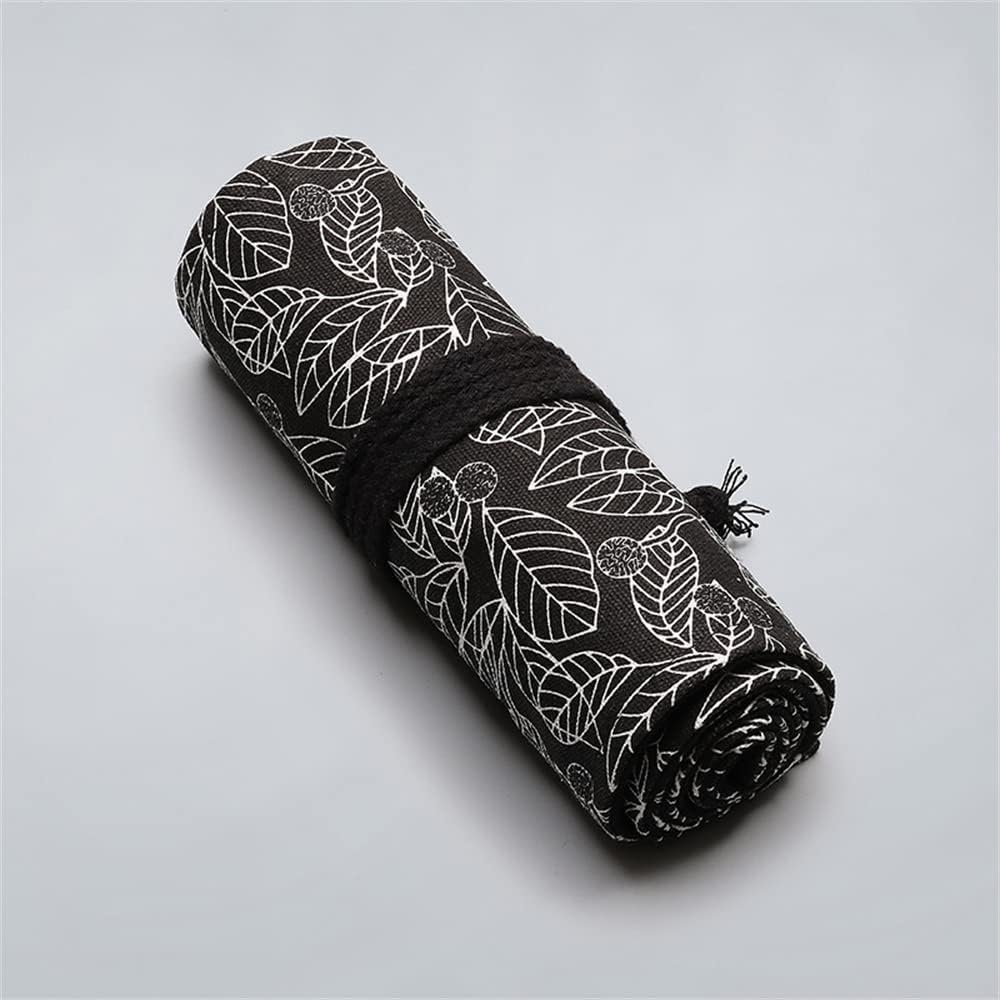 DIYOMR 24/36/72 Slots Pencil Wrap Pencil Rolls, Artist Colored Pencils Roll Up Bag Short Brushes Pouch Case Pencils Organizer for Drawing Coloring and Sketching (Black Leaves, 72slots)
