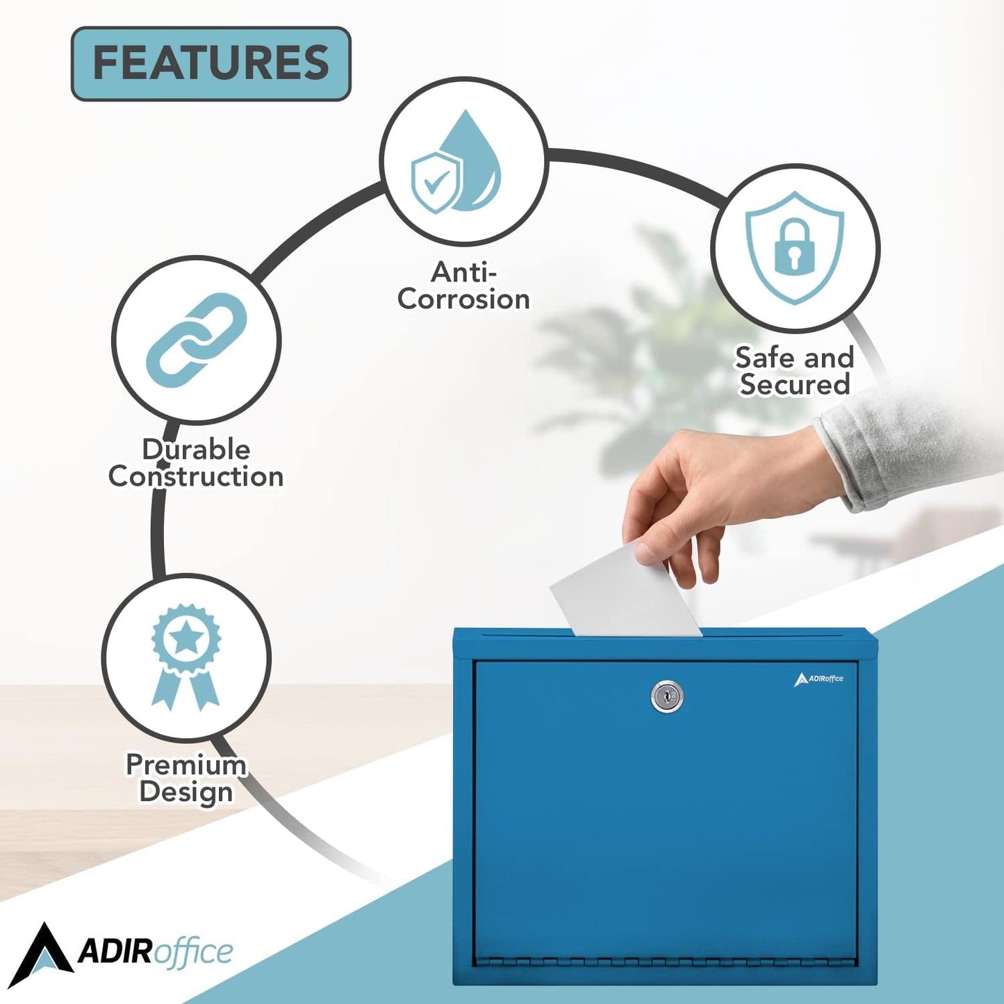 Adir Metal Suggestion Box with Lock and Slot, Wall Mount Deposit Box for Payments and Checks, Office Mail Box for Employees, Mailbox for House, Safe Drop Box with Keys - 3x10x12 Inch Blue
