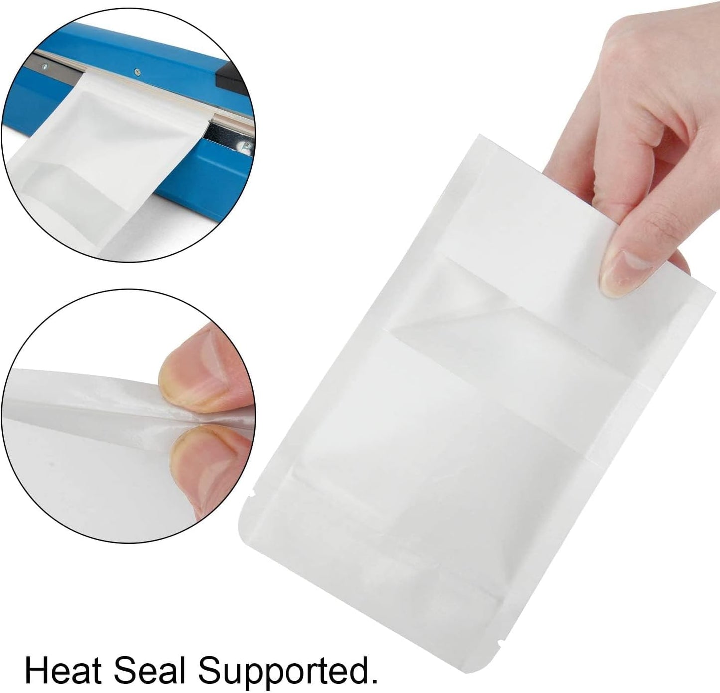 Blisstime 50 Pieces Resealable Bags for Small Business, White Kraft Paper Stand Up Pouches with Matte Window Reusable Heat Sealable Bags for Packaging (3.9 X 5.9 Inches)