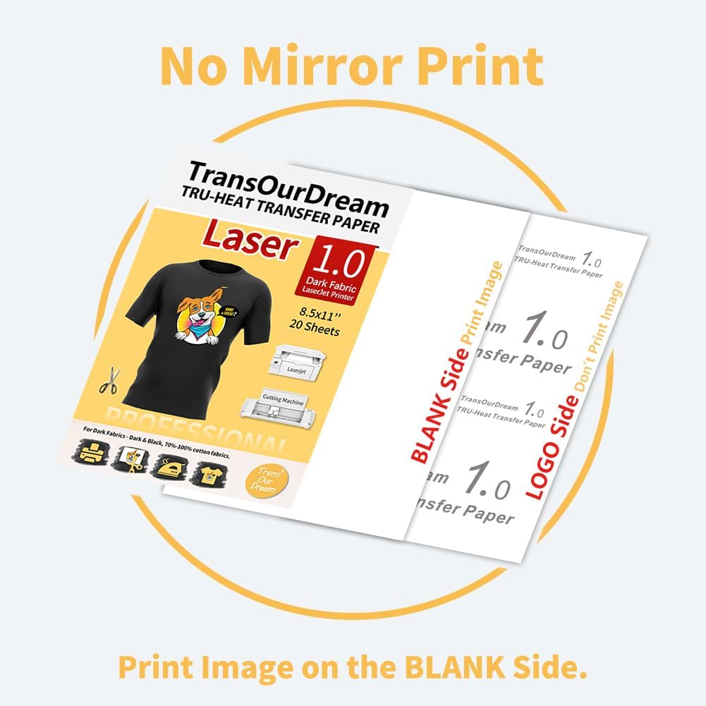 TransOurDream Tru-Heat Transfer Paper for Laserjet Printer (20 Sheets 8.5x11, 1.0) Printable HTV Heat Transfer Vinyl for T Shirts Iron on Transfers for Dark Fabrics (TRANS-LAS1-D-20)