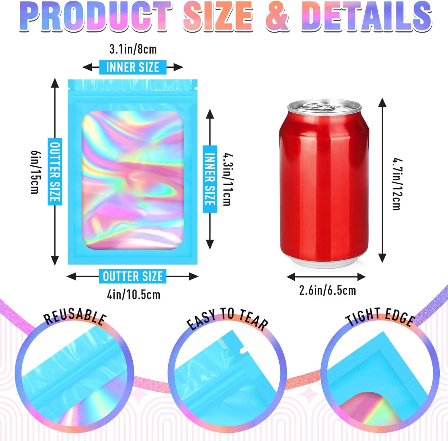 Smell Proof Bag, 100 PCS Holographic Bags, Packaging Bags, Food Packaging Bag(4x6 Inch)