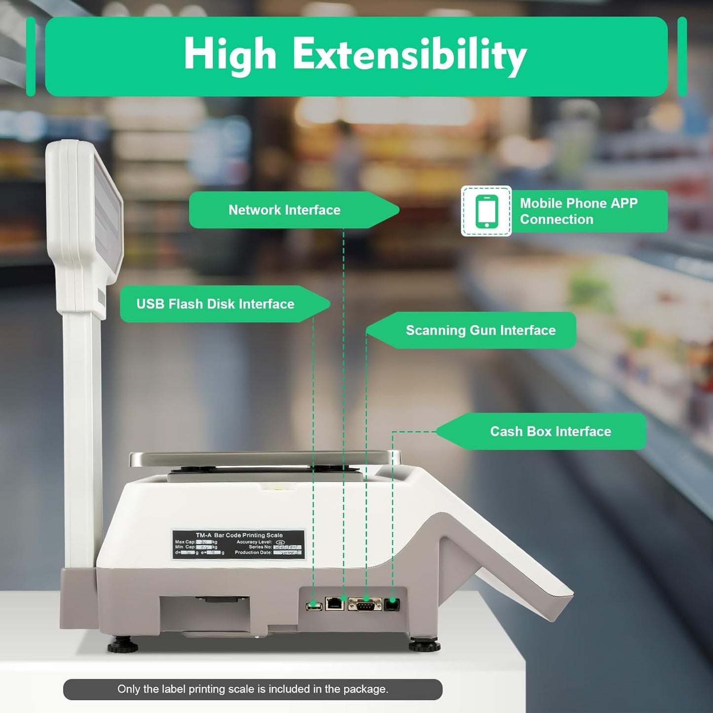 Price Computing Scale with Thermal Label Printer and Pole Display Up to 66lb Weighing Range Use for Supermarket, with Mobile APP