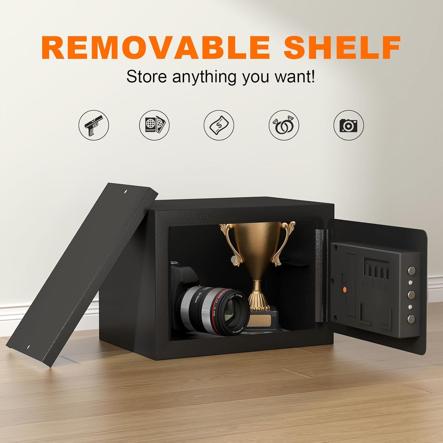 Safe with Key, 1.0 Cub Small Fireproof Safe, Safety Box with Shelf, Keypad Lock, Personal Safes for Dorm, Fire Proof Safes for Documents, Black Safety Box for Home, Wall Mountable