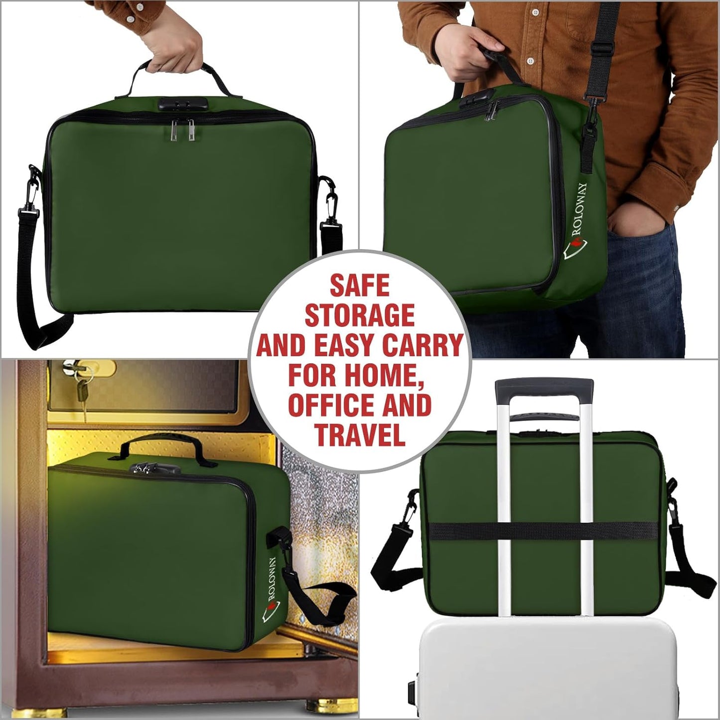 ROLOWAY Fireproof Document Bag with Lock (17 x 11.8 x 5 inch), Important Document Storage Bag with Multi-Layer File Organizers (Green)