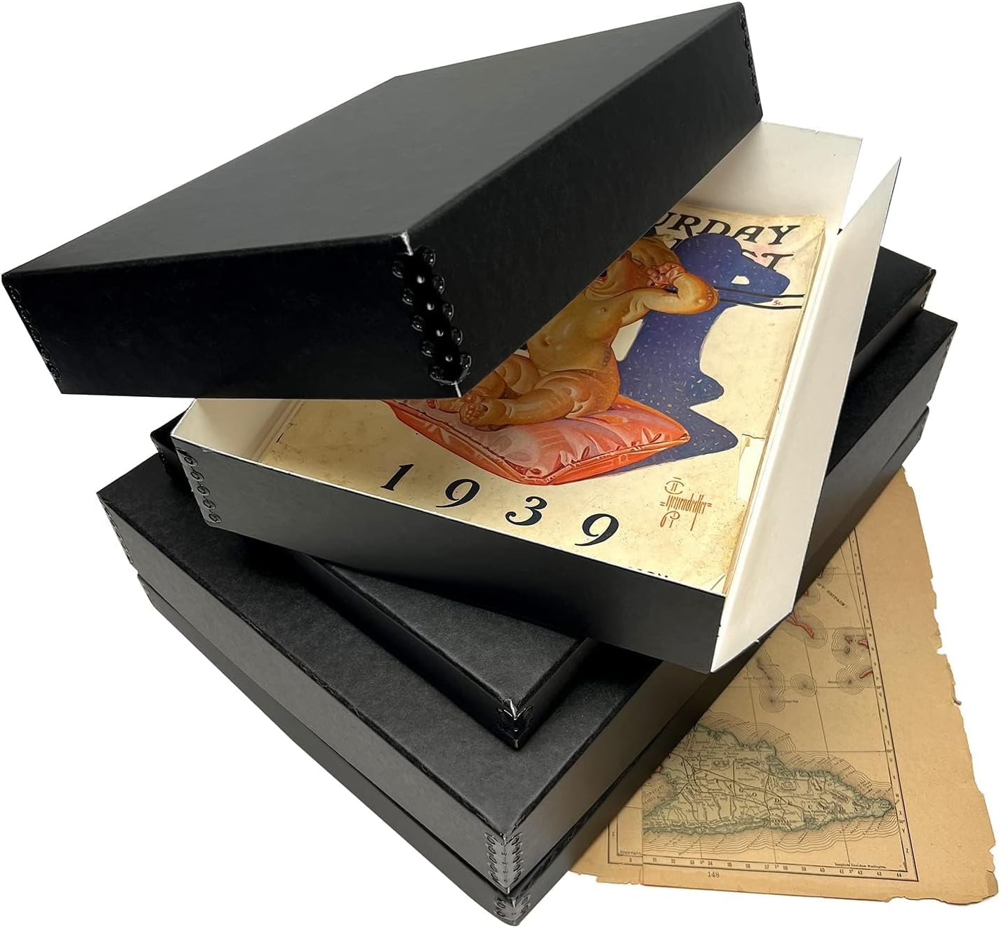 Lineco Museum Archival Storage Box, 16.75x20.75x3 in. Drop Front Design. Acid-Free with Metal Edge. Organize Photos, Pictures, Prints, Documents, Crafts, DIY. Black, 2 Pack