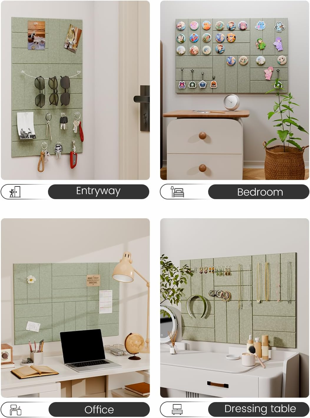 Felt Bulletin Board Tiles -28"x18" with 40 Adhesive Tabs, Cork Board Alternative for Office Decor, Push Pin Board Wall Organizer 6-Pack (Sage)