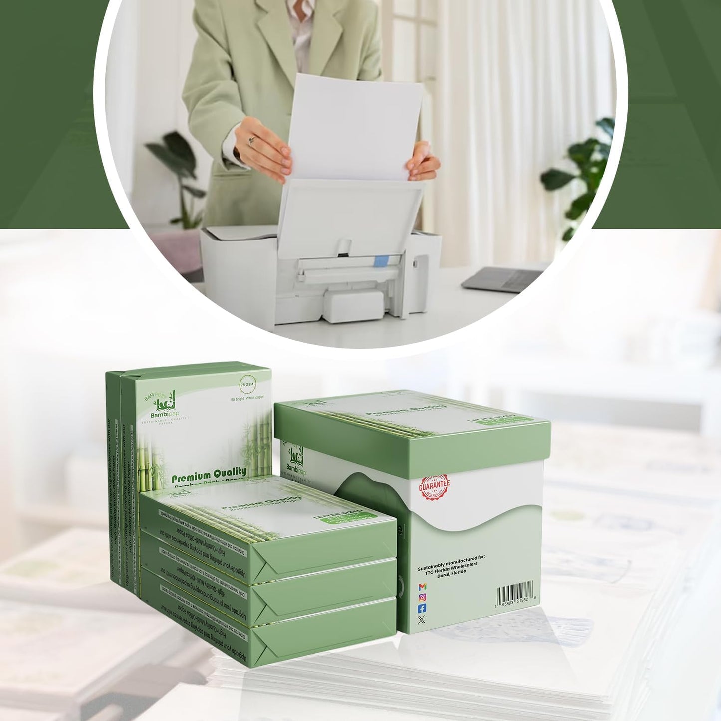 Bamboo Printer Paper - 8 1/2” x 11” - 20LB Multipurpose White Paper - Made from Bamboo Fiber, Renewable Resources, Zero Trees Used - 5 reams (2500 Sheets)