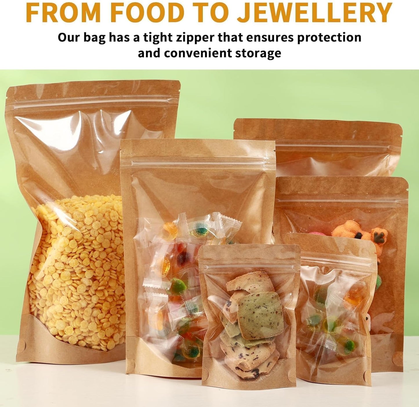 150-Pack Kraft Paper Bags with Clear Window 5" x 8" Reclosable Small Stand Up Mylar Bags for Food Storage Resealable Smell Proof Pouch, Edible Packaging, Reusable bags for Small Business