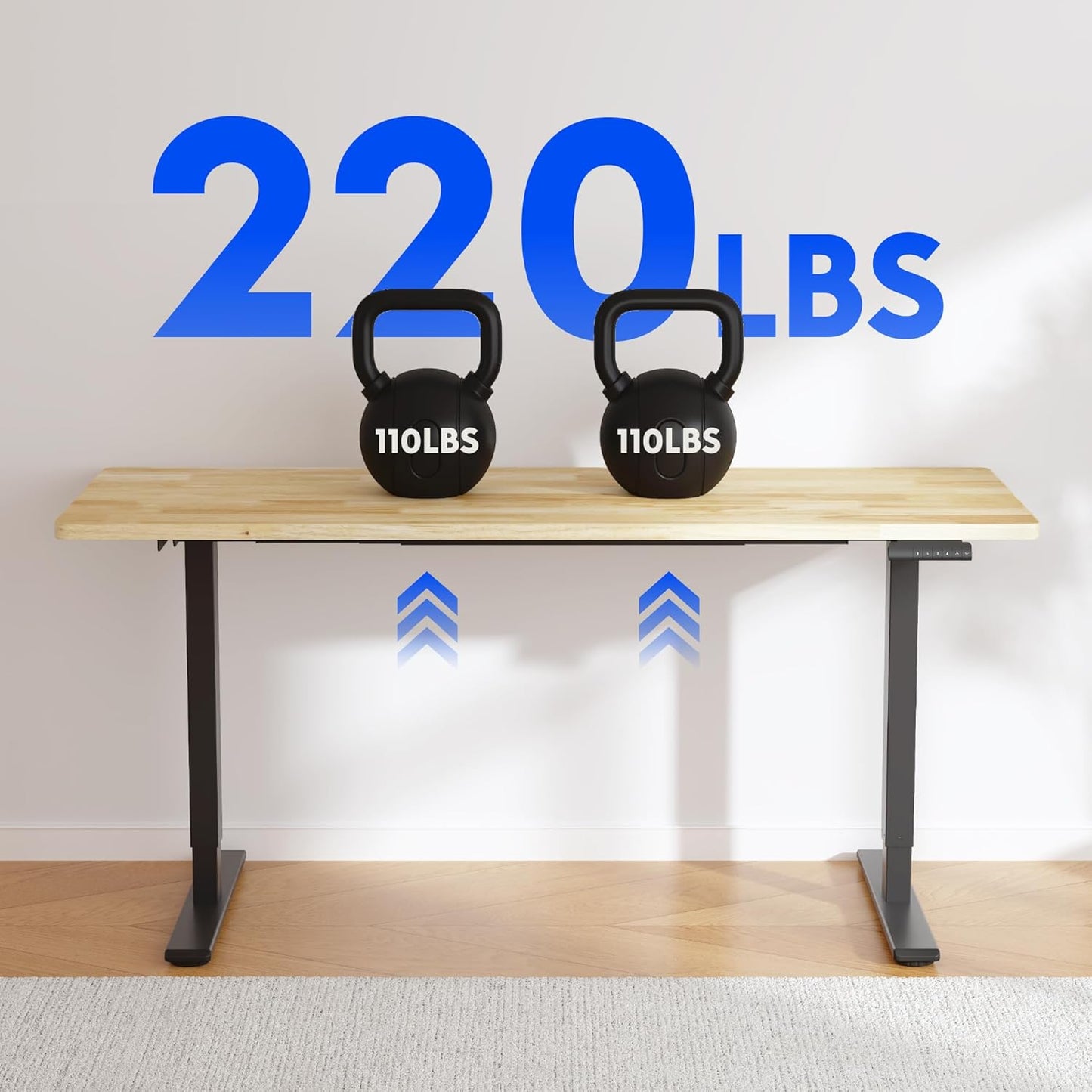 FLEXISPOT E3 Solid Wood Dual Motor Standing Desk 63x24 Inch Whole-Piece Board Electric Height Adjustable Stand Up Desk (Black Frame + Rubber Wood Desktop)