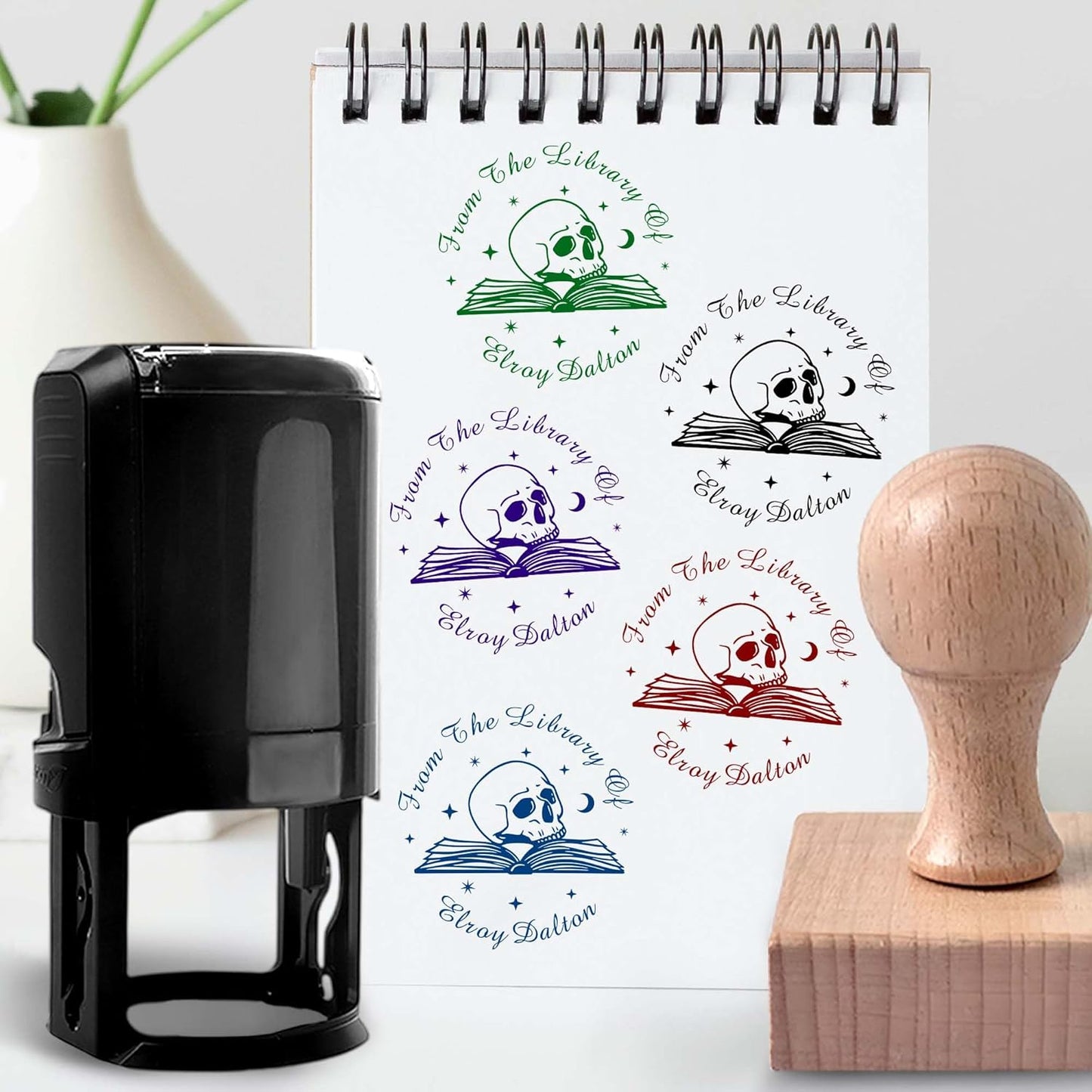 Skull Themed Library Book Embosser, Custom Book Business Card Paper Document Notebook, Self Inking Stamp,Book Lover Gifts,Christmas Gifts (Style09)