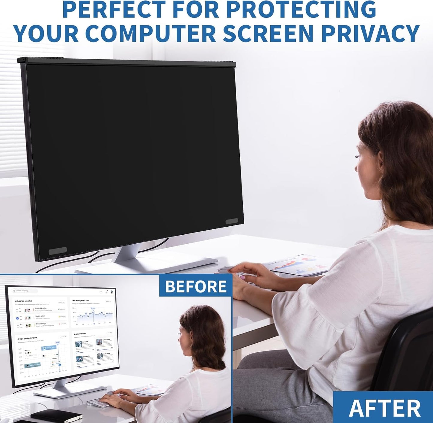 24 Inch Magnetic Privacy Screen for Monitor, Ultra-Thin Anti-Spy Computer Monitor Filter with Blue Light Reduction, Anti-Glare & Easy Installation, 16:9 FHD Compatible with 24-Inch Desktop