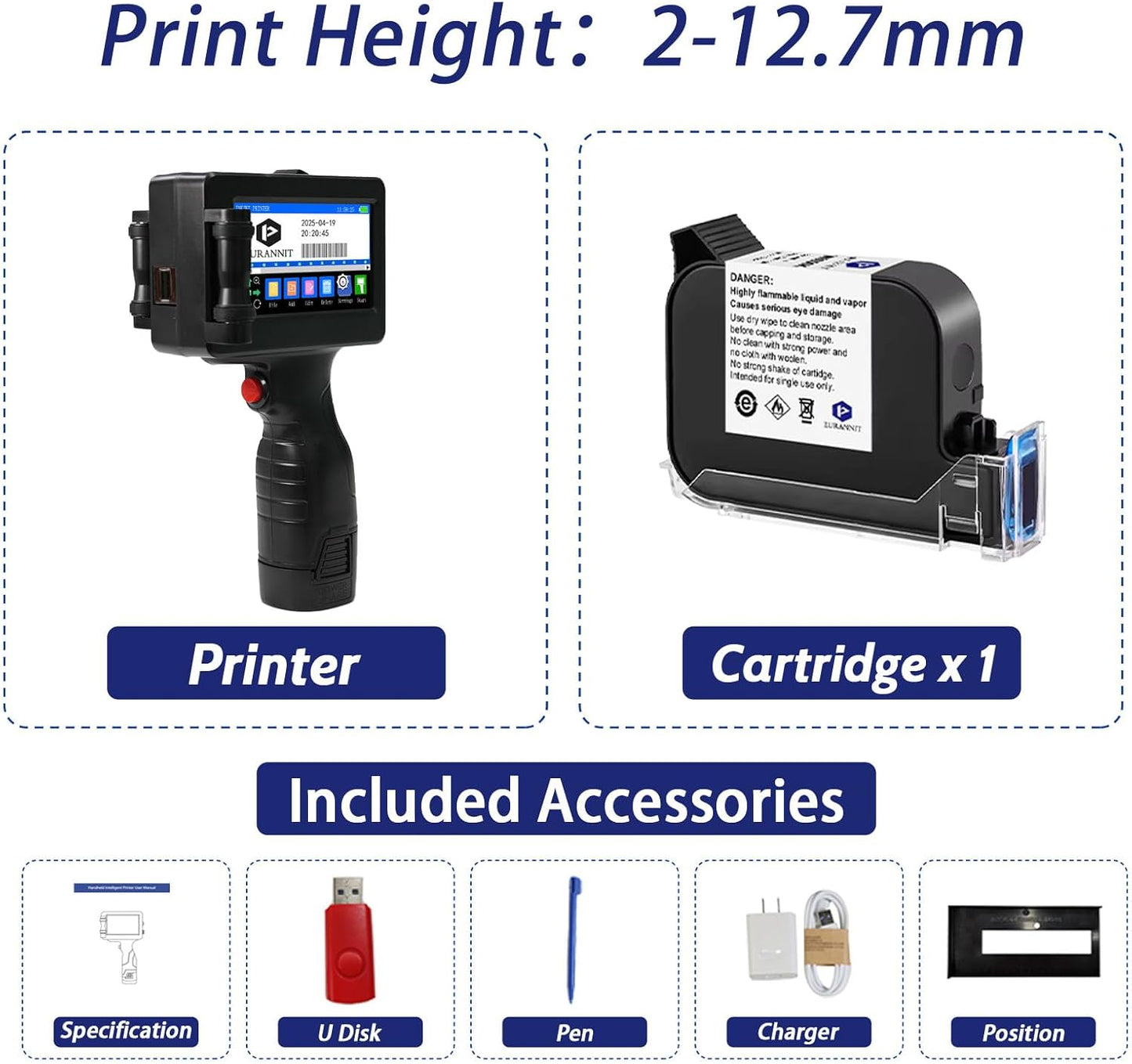 Handheld Inkjet Printer E55 with W6900K Fast-Drying Ink Cartridge, Portable Handheld Printer Gun 0.5 Inch Nozzle for Serial Numbers Logo DIY QRCode barcodes, Print on Carton Plastic Metal