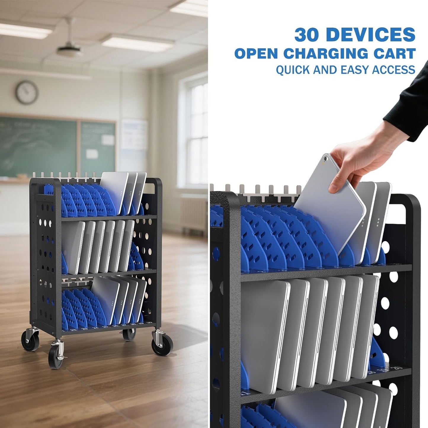 30 Unit Mobile Charging Cart - Open Charging Station Rack for iPad, Chromebooks, Tablets 14inch - Tablet Organizer Station for Classroom - Laptop Storage Cart with Cable and Charger Organization