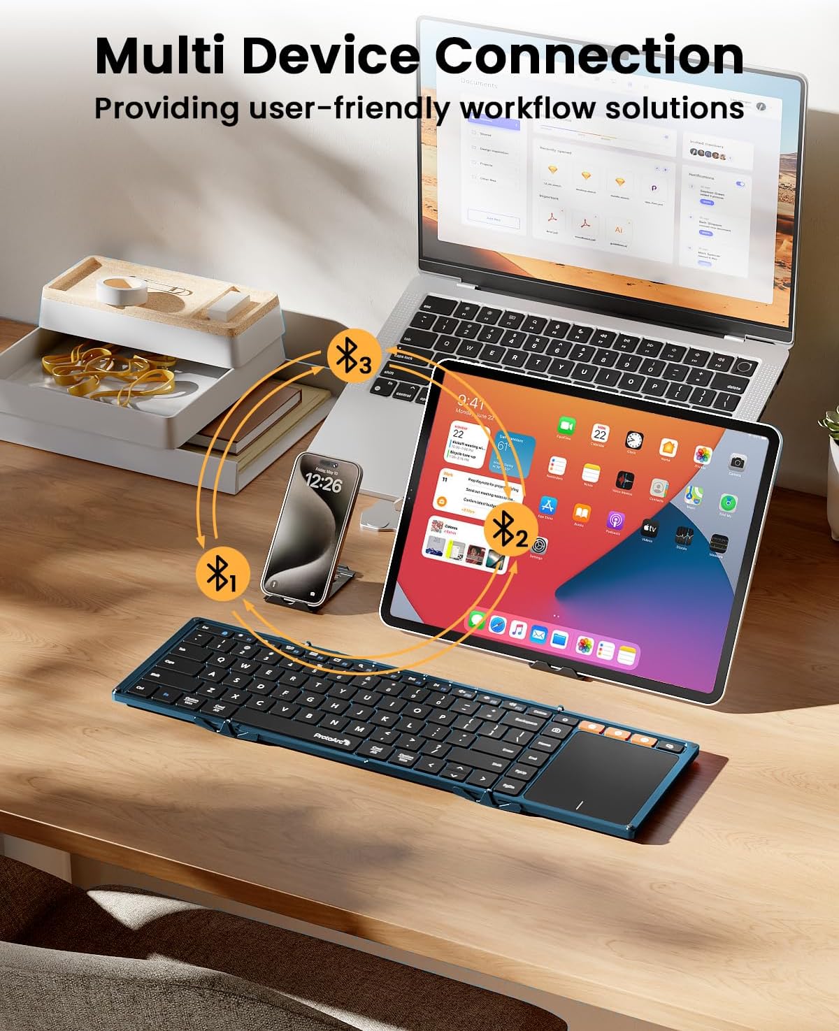 ProtoArc Foldable Keyboard with Touchpad, XK01 TP Folding Portable Keyboard, Full Size Keys, Large Trackpad Bluetooth Travel Keyboards for Laptop PC Tablet - Blue