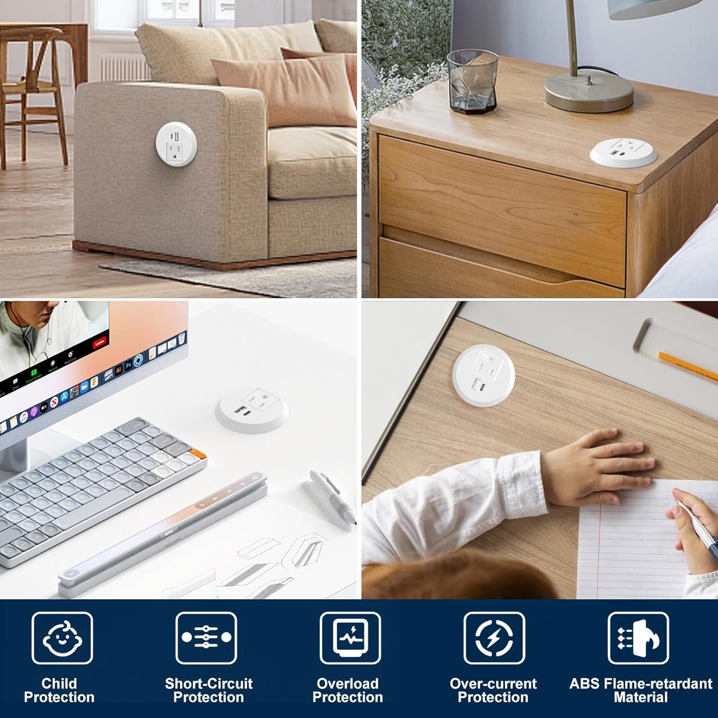 Recessed Power Grommet 2 inch,Tamper-Resistant Design AC Outlets, Fast Charging Station USB-C Port,Desk Hole Grommet Recessed Outlet,Round Desktop Conference Room Power Grommet Outlet (White)