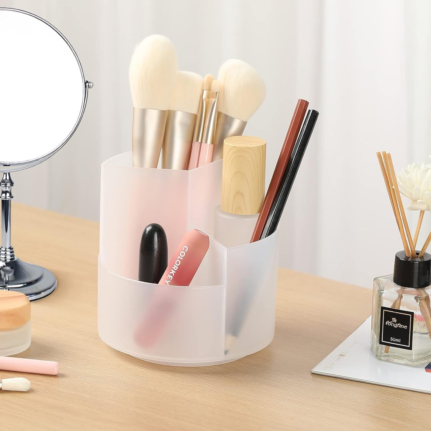 Desk Pencil Pen Holder, 3 Slots 360-Degree Spinning Organizers, Desktop Storage Stationery Supplies, Cute Cup Pot for Office, School, Art Supply, Kids - Clear