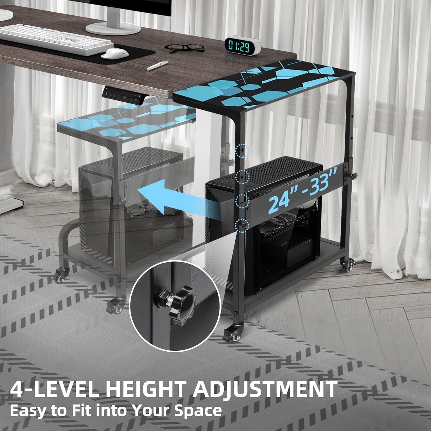 Height Adjustable Computer Tower Stand, Compact Printer Stand, 2 Tier for ATX Case, Extra Large CPU Floor Stand PC Tower Stand CPU Holder Cart with Guard Rail 32.7" X 21.6" X 15.8", Blue