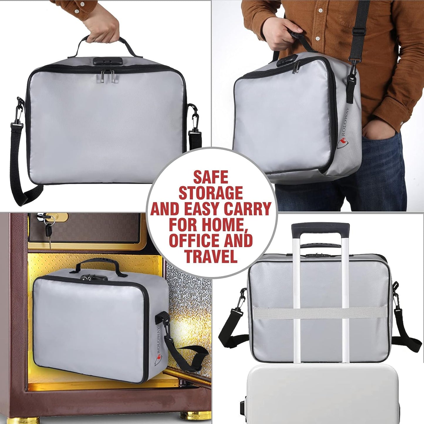 ROLOWAY Fireproof Document Bag with Lock (17 x 11.8 x 5 inch), Important Document Storage Bag with Multi-Layer File Organizers (Gray)