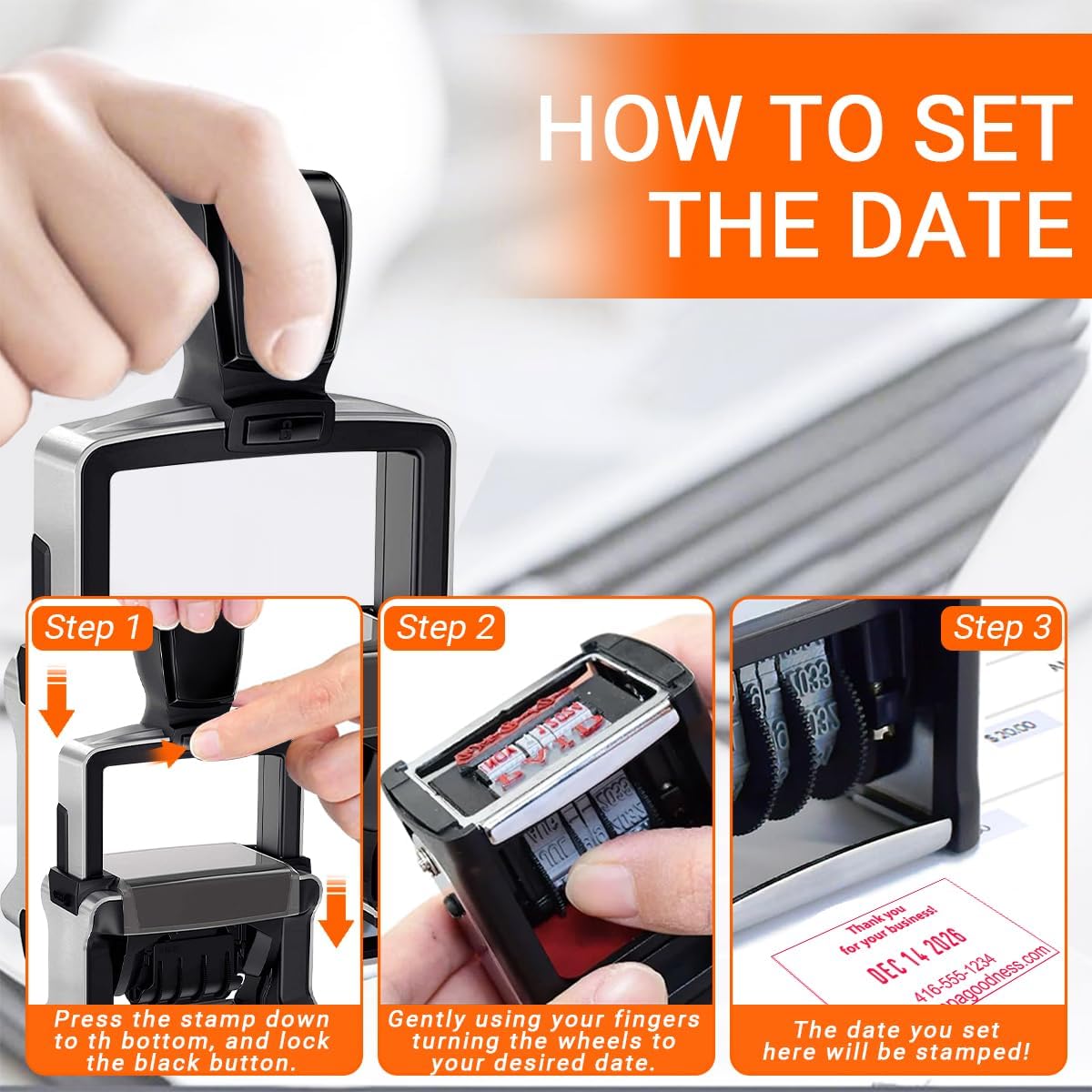Custom Date Stamp with Personalized Text Logo Customized Self-Inking Rubber Dater Stamper for Received Paid Completed Emailed Posted Scanned Approved Heavy Duty Office Business Stamps, 4 Sizes
