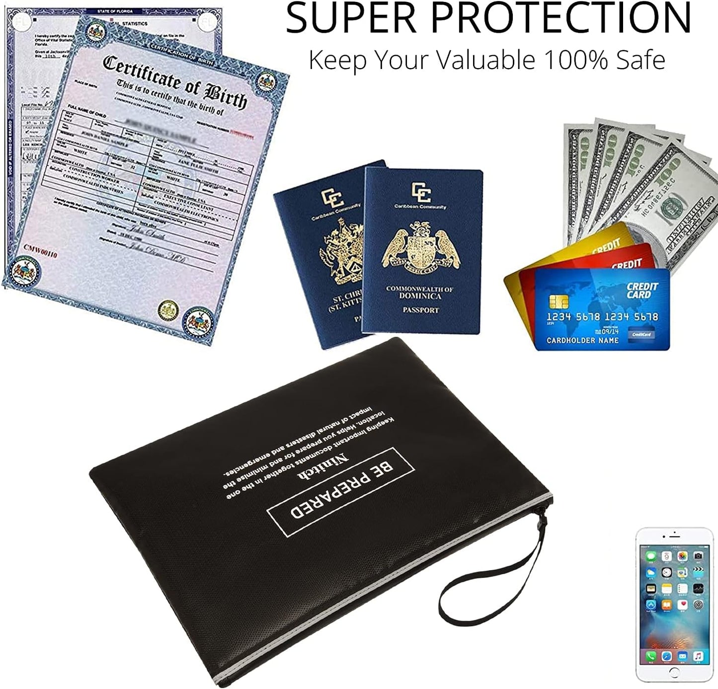 Fireproof Money Bag,Bank Bag Fireproof and Waterproof Cash Bag with Zipper Closure, Fireproof Safe Storage Bag Envelope, Suitable for documents, Bank Inventory, Passport Document Bags (Black, L)